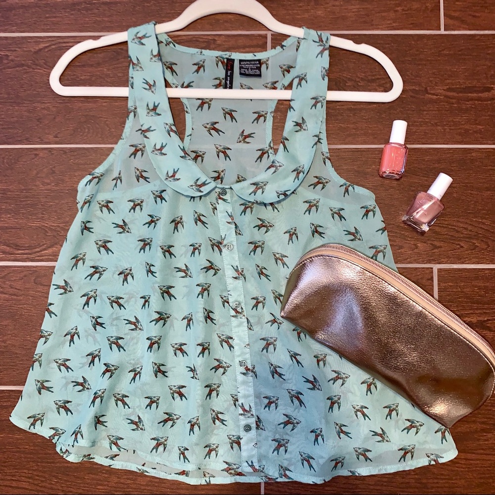 Vintage Peter Pan collar bird print mint green top